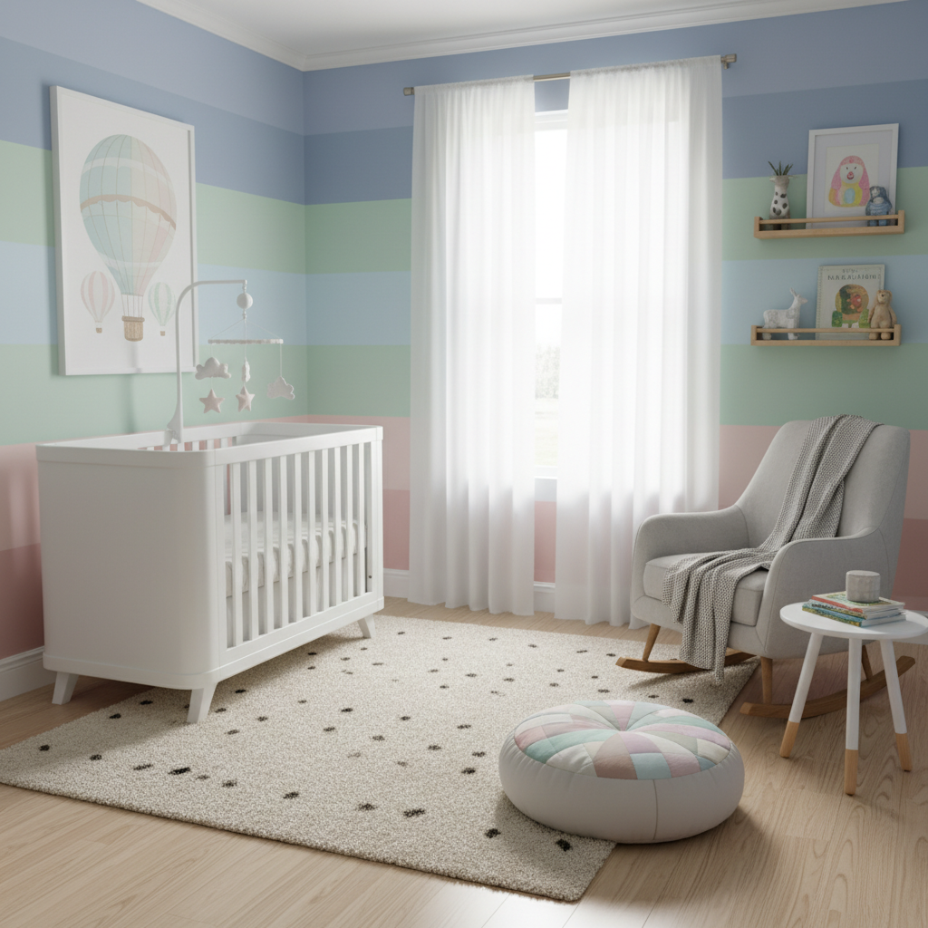 Image of a nursery featuring pastel colors with child-friendly decor