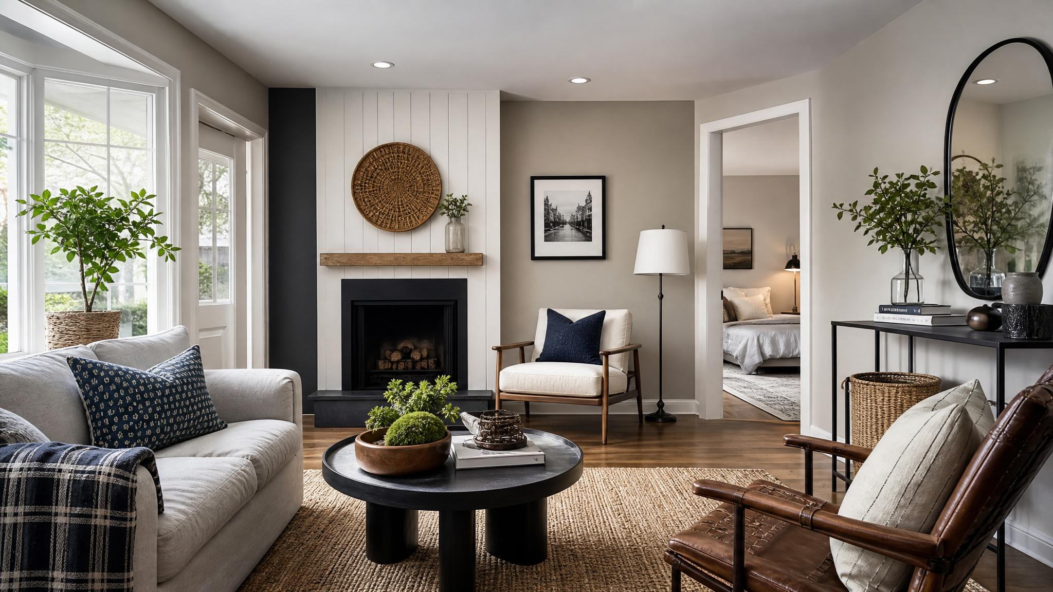 Various textures and patterns in a stylish small living room