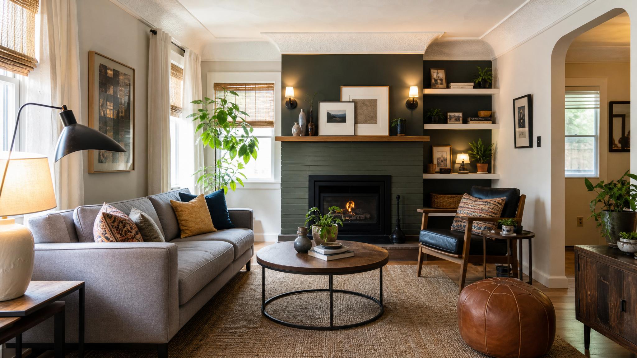 Layered lighting in a small eclectic living room