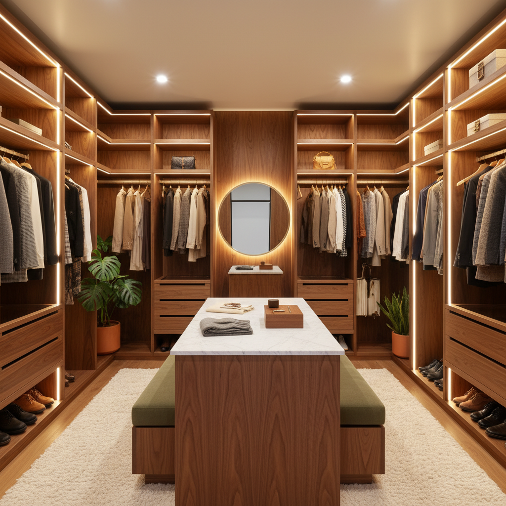 Mid-century modern walk-in closet layout