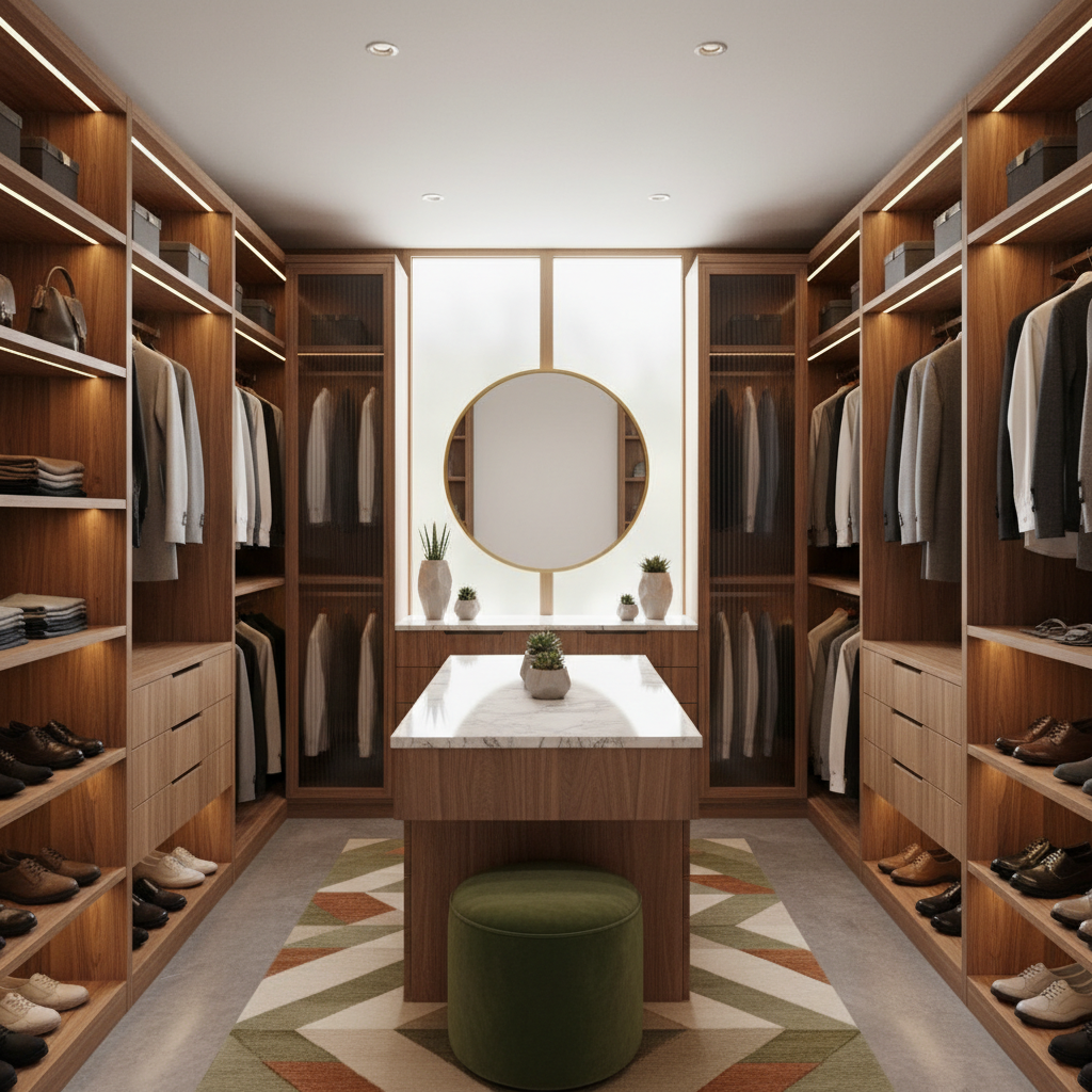 AI-designed mid-century modern walk-in closet example