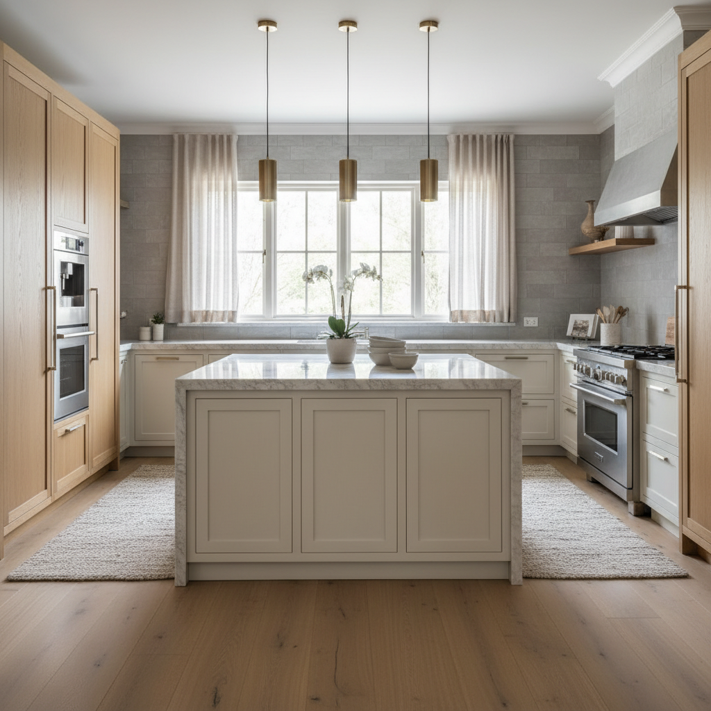 A tranquil luxury kitchen showcasing muted colors, elegant materials, and subtle designs.