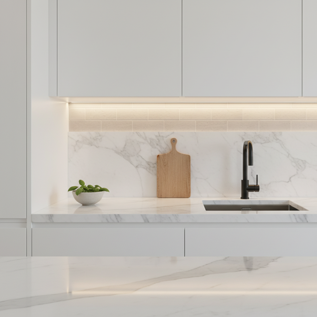 Close-up of a minimalist kitchen feature like a marble countertop with simple under-cabinet lighting.