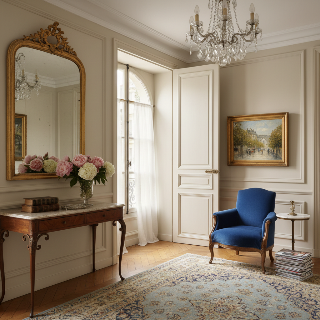 A beautifully staged Parisian entryway with classic French decor.