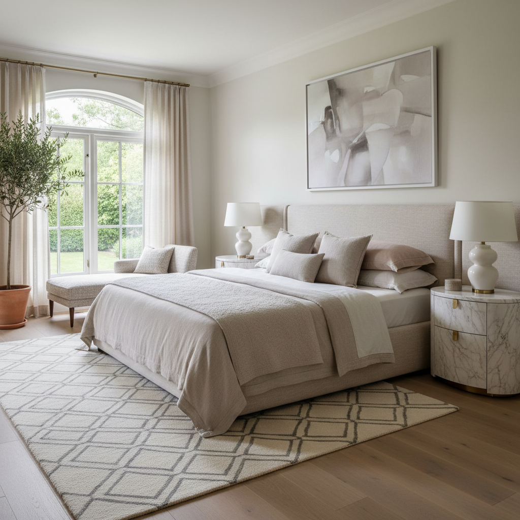 Serene quiet luxury bedroom with muted colors and high-quality materials.