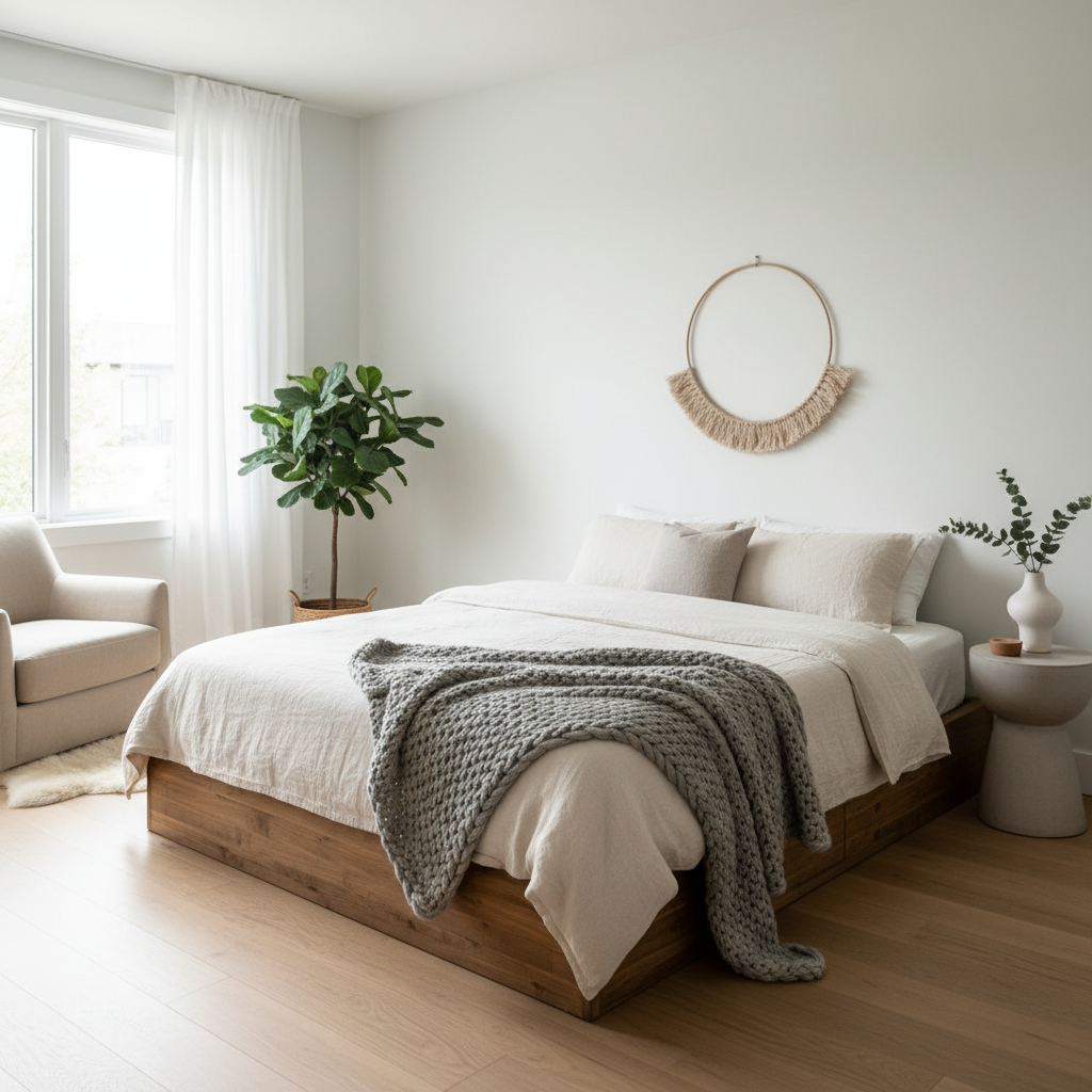A cozy bedroom with natural light, minimal furniture, and elegant decor.