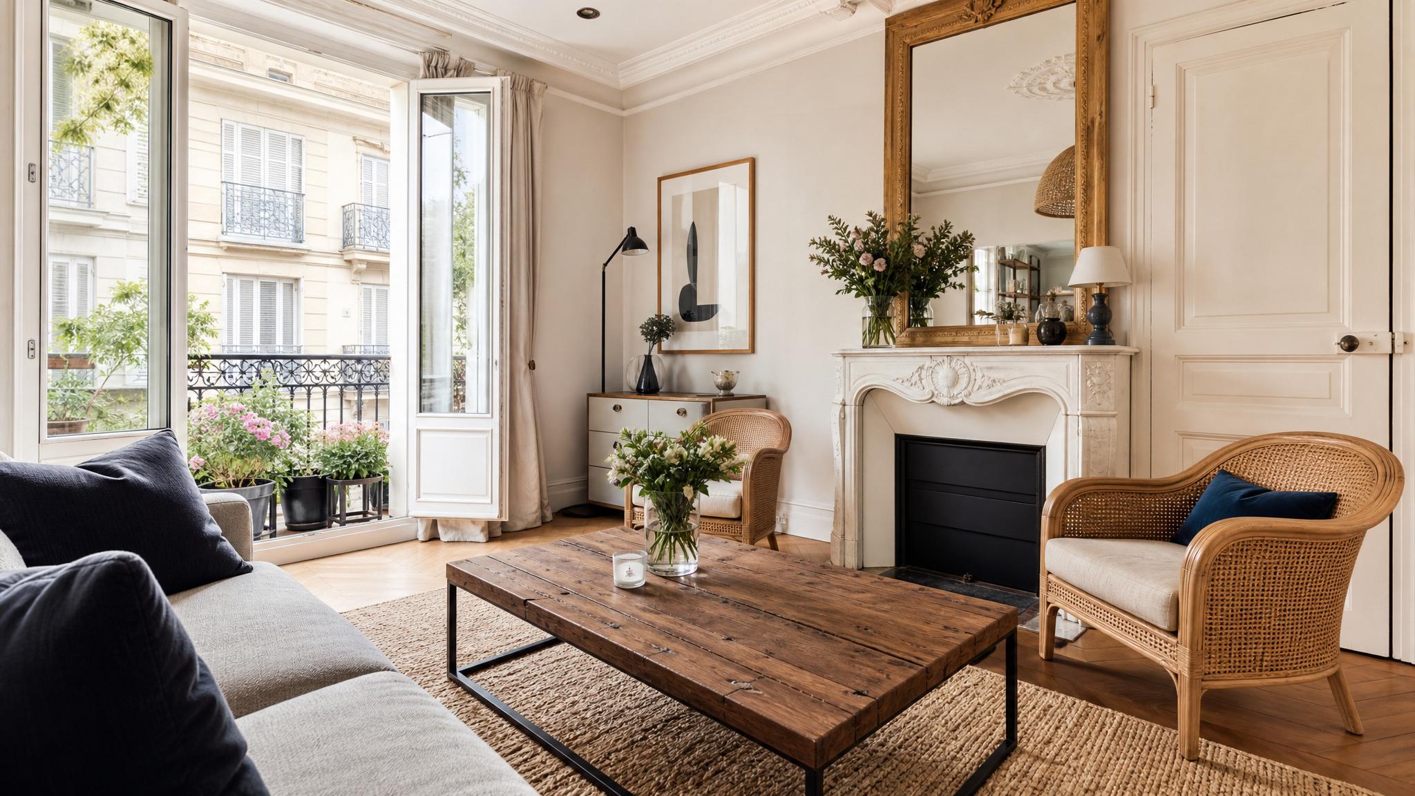 After image of a beautifully designed small Parisian living room.