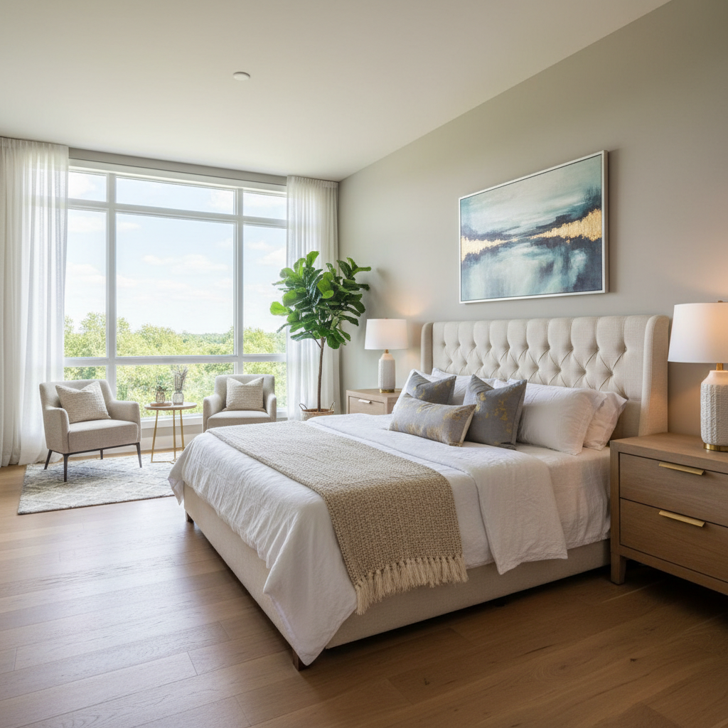 Image showing a well-lit master bedroom with natural light through the windows.