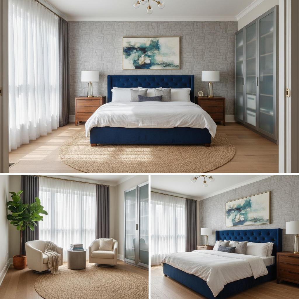 Image displaying different angled shots of a master bedroom.