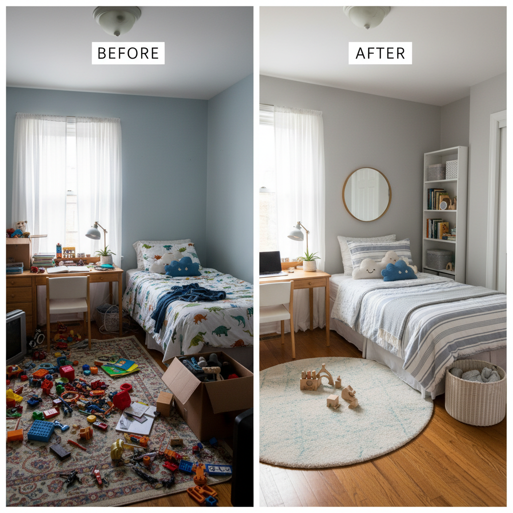 Before and after staging of a kids bedroom