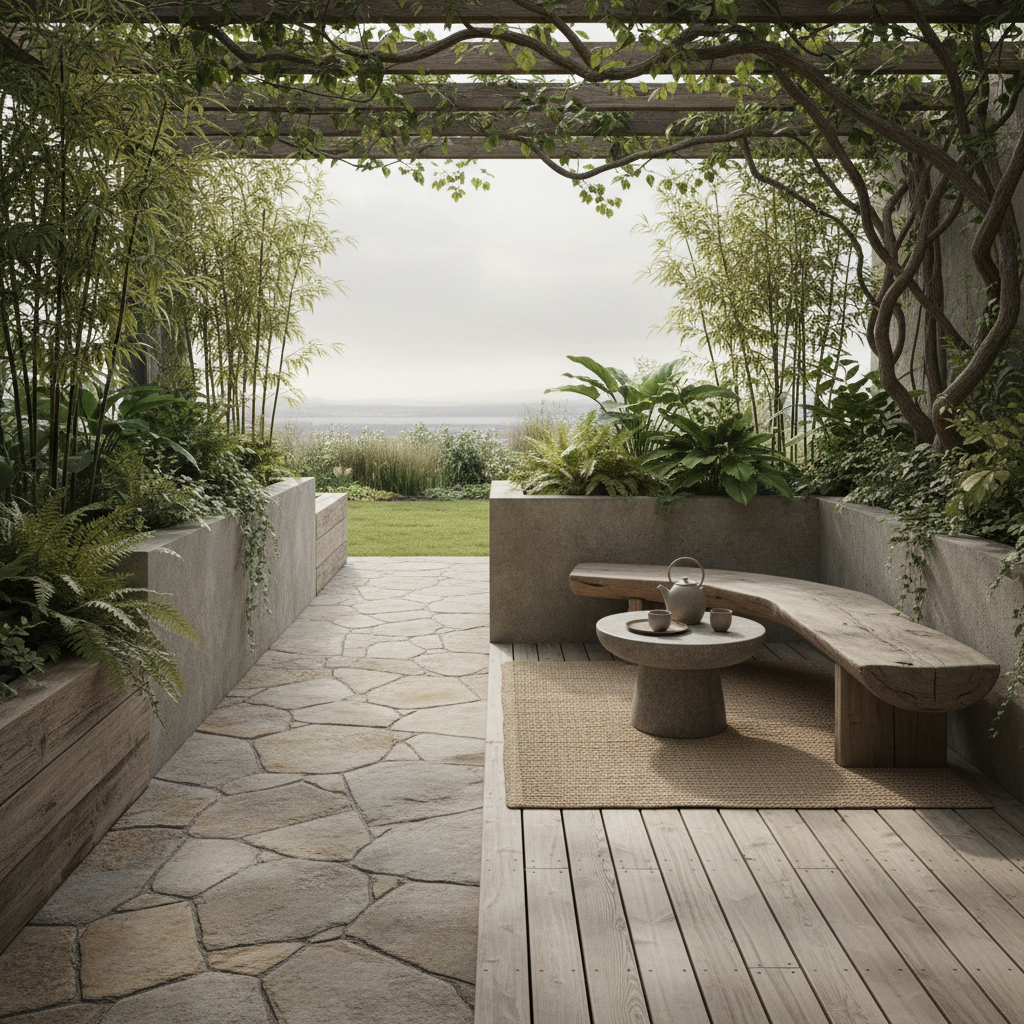 A serene wabi-sabi terrace showcasing natural materials such as wood and stone, with plants incorporated into the design.