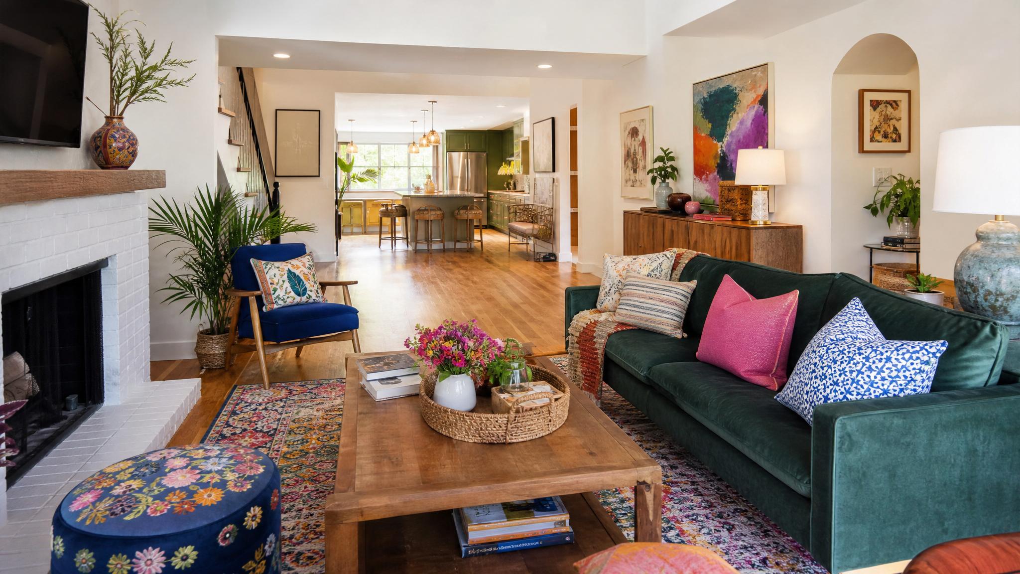 An open-plan living room filled with colorful decor and bold patterns.