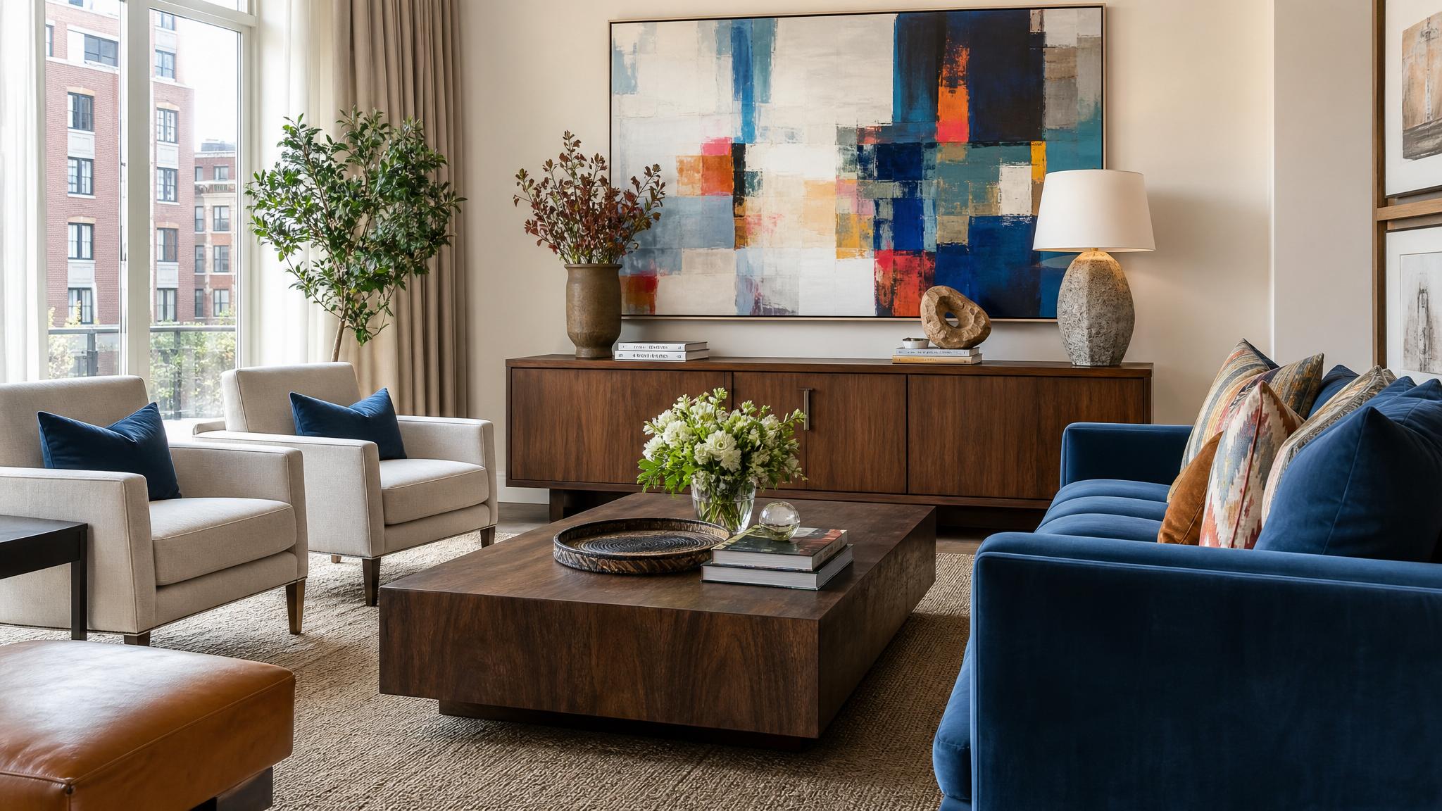A statement piece of art and colorful furnishings in a living room.