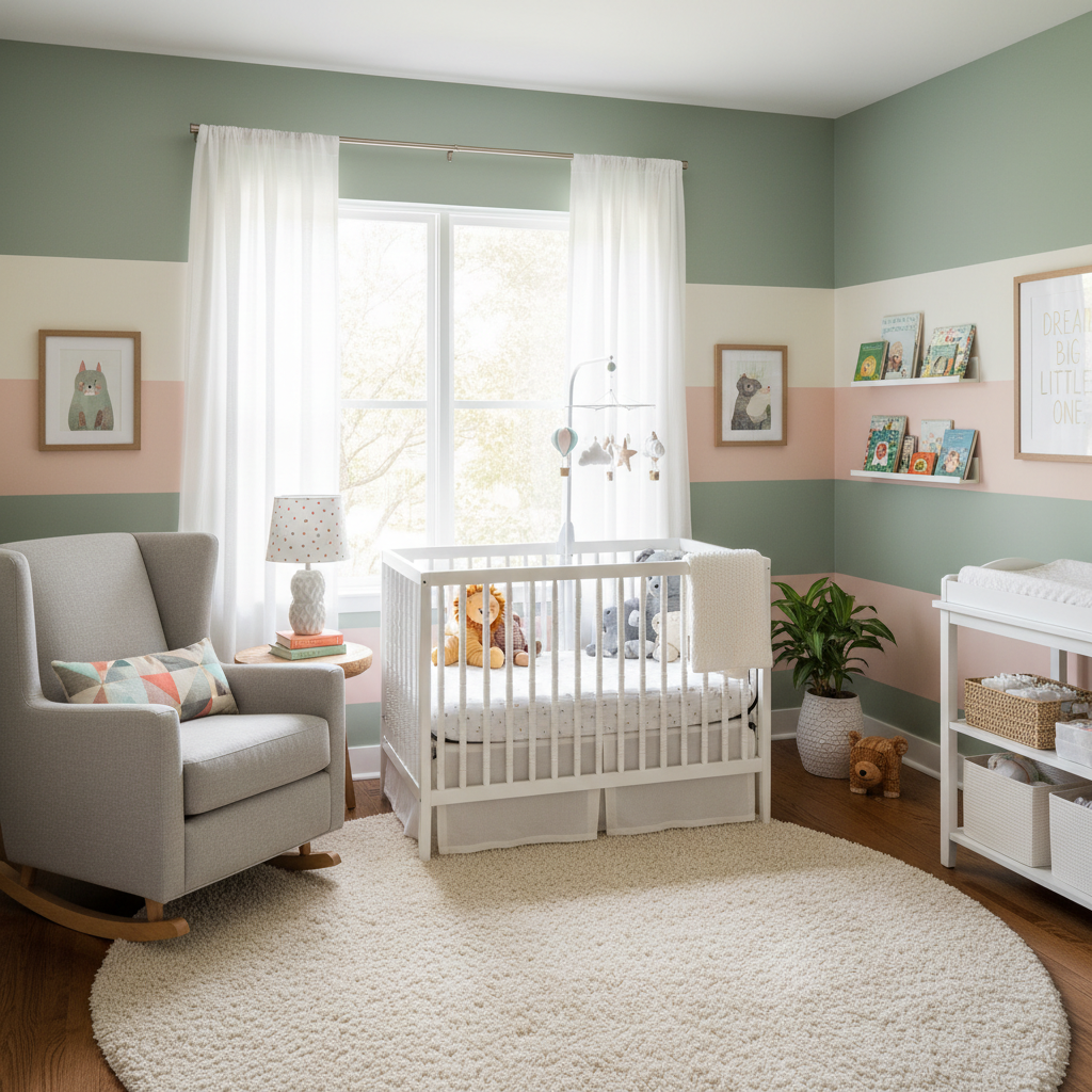 A well-lit nursery showcasing soft colors and playful decorations.