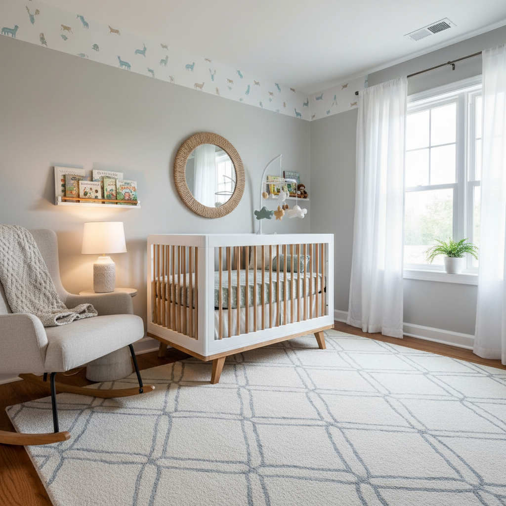A nursery photo taken from a low angle, capturing the bed and decorations effectively.