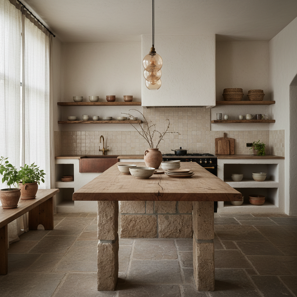 A warm Wabi-Sabi kitchen with natural materials, soft lighting, and imperfect, handcrafted elements.