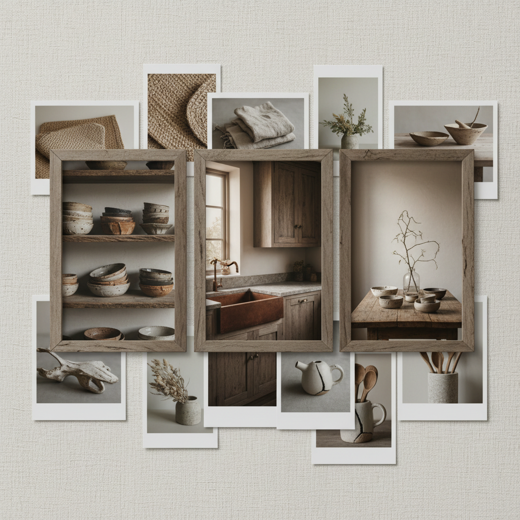 An AI-generated vision board featuring Wabi-Sabi kitchen elements like rustic cabinetry, handmade dishes, and natural lighting.