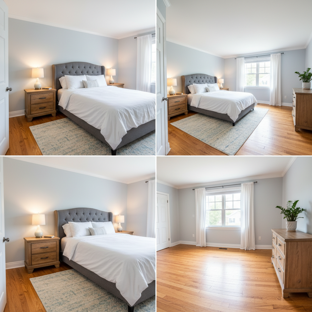 Before and after photo showcasing the effect of a wide-angle lens in a bedroom