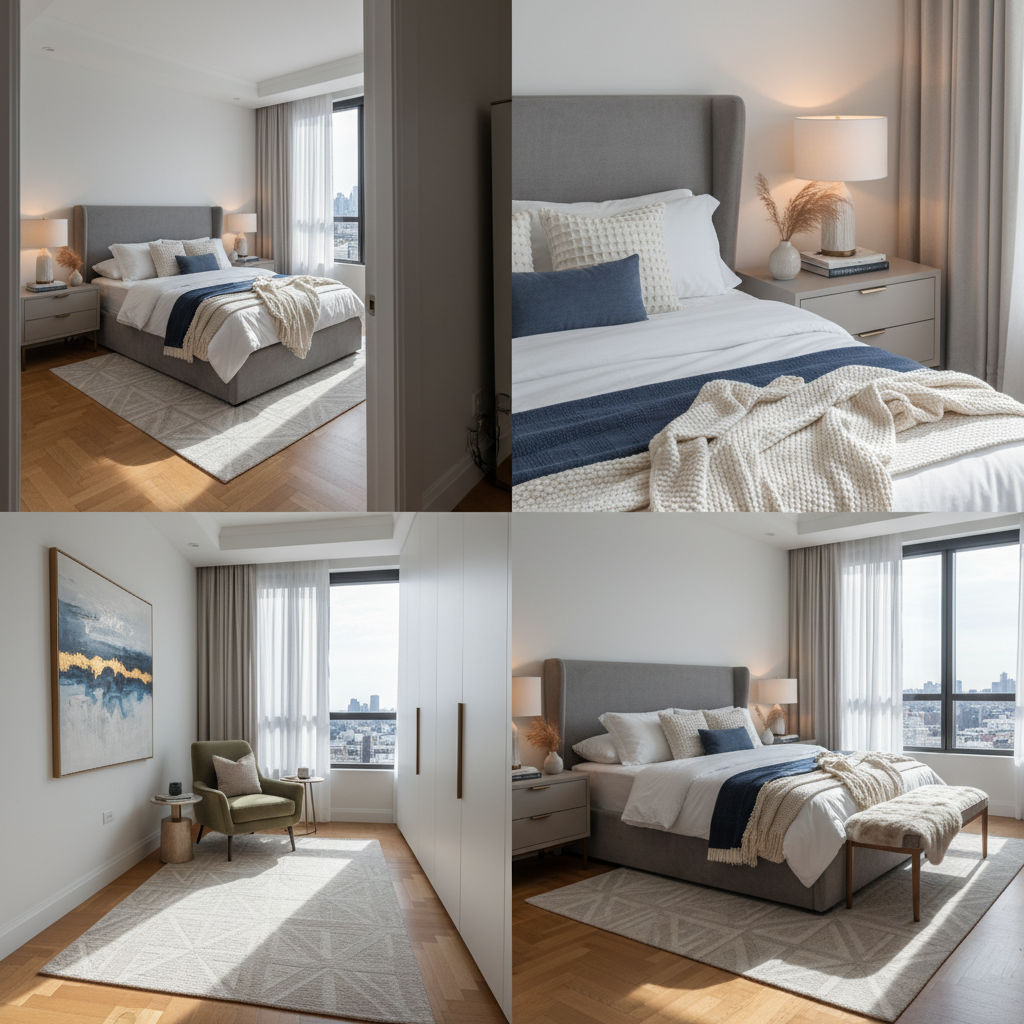 An image showing multiple angles of the same bedroom showcasing various perspectives