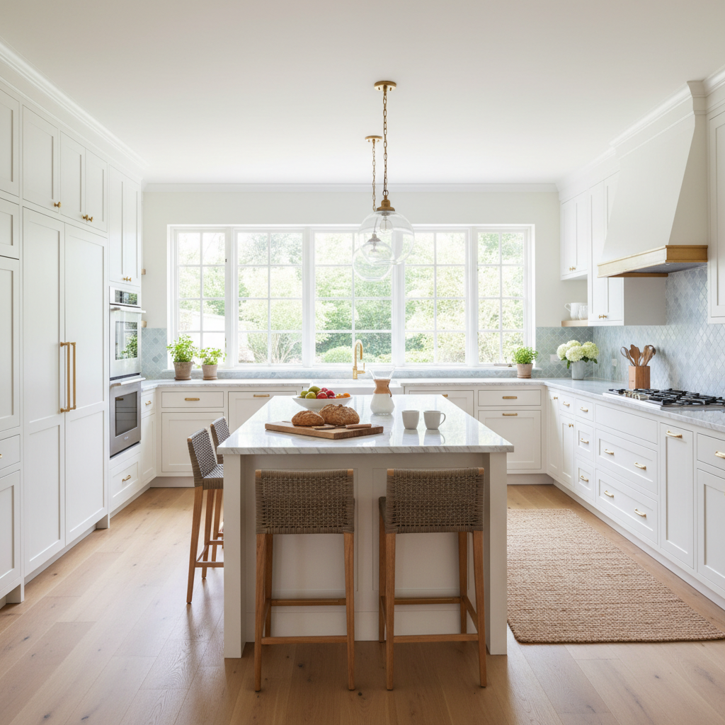 A beautifully staged kitchen showcasing a bright and airy atmosphere.