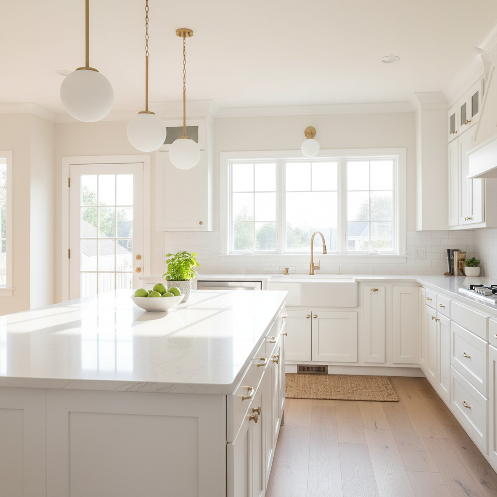 A kitchen with optimal natural lighting highlighting the countertops.