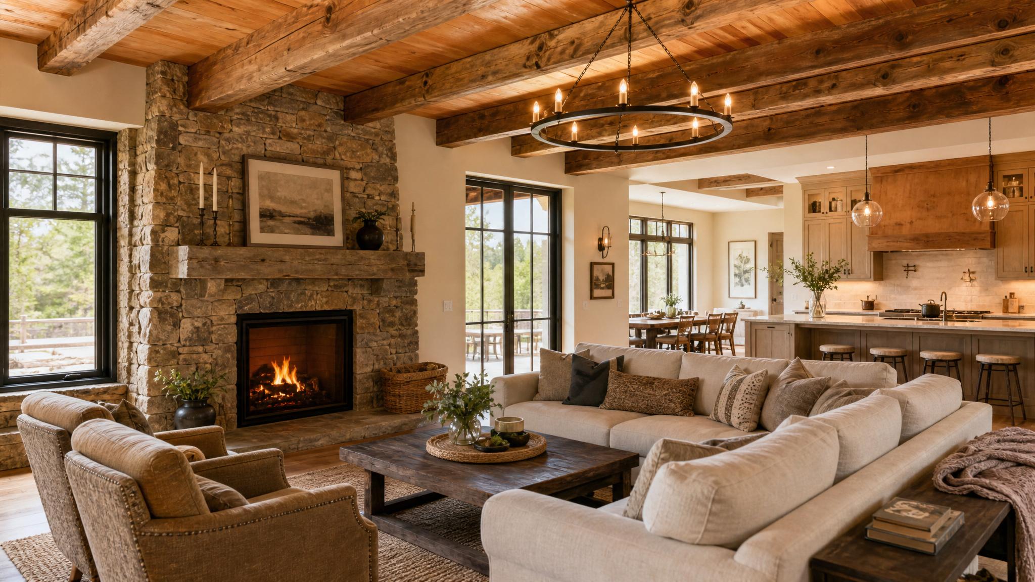 beautiful rustic open-plan living room with wooden beams and stone fireplace