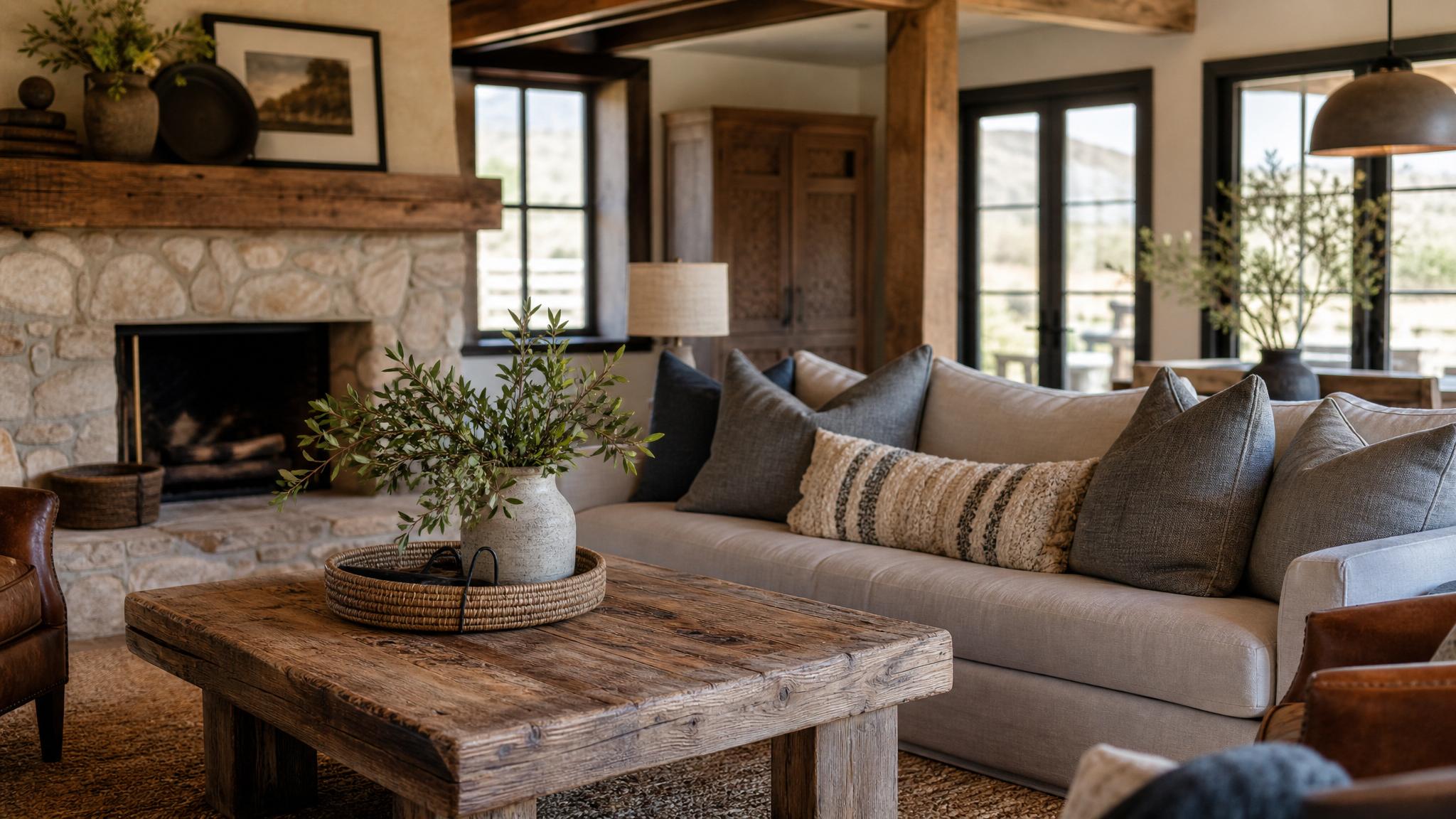 cozy rustic sofa with throw pillows and reclaimed wood coffee table