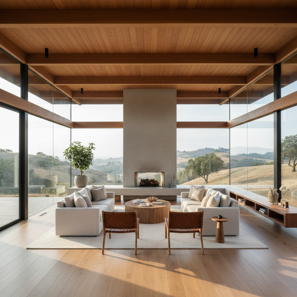 Visual examples of California modern design elements such as wood, large glass windows, and neutral colors.