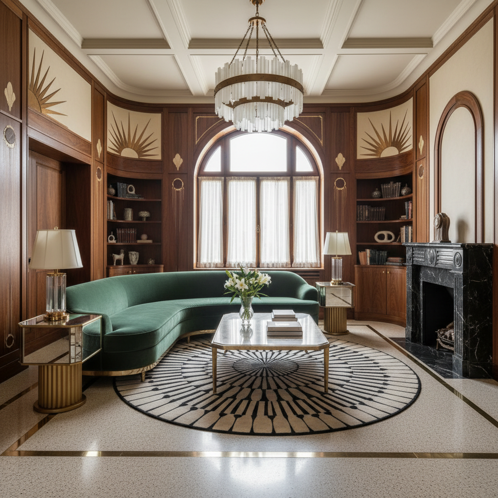 Image of an elegant art deco interior showcasing geometric patterns and luxurious materials.