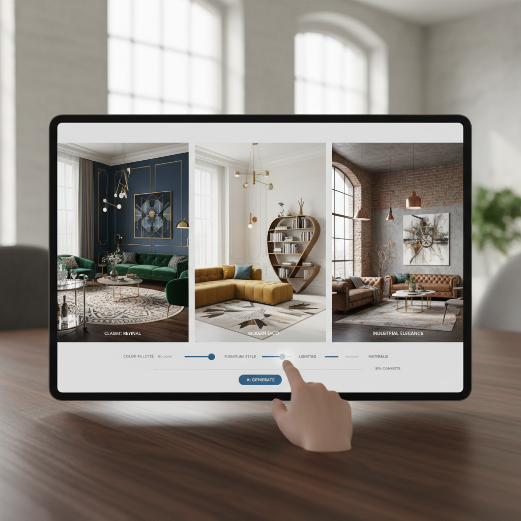 Image of an AI interface displaying interior design suggestions for an art deco loft.