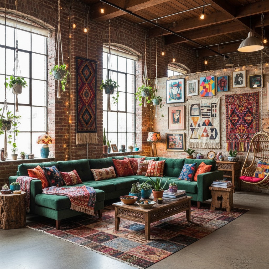 An artistic representation of a Bohemian loft with vibrant colors and eclectic decorations.