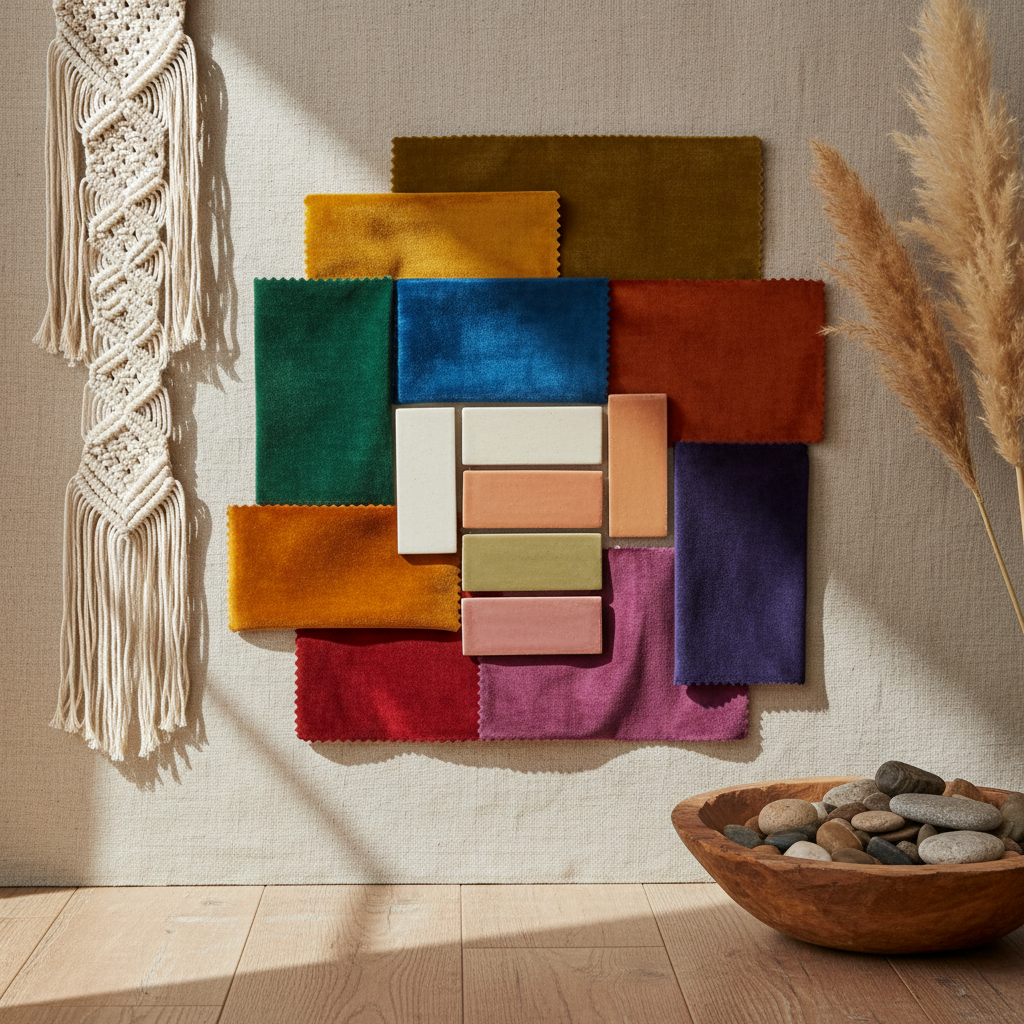 A color palette featuring warm neutrals and bold jewel tones suitable for Bohemian design.