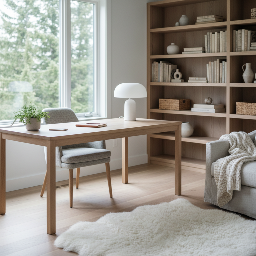 A serene Scandinavian home office featuring light wood furniture and soft textiles.