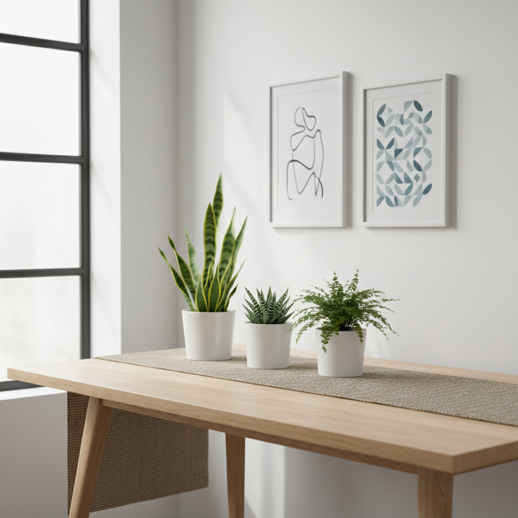 A close-up of Scandinavian decor elements such as desk plants, minimalist wall art, and natural lighting.