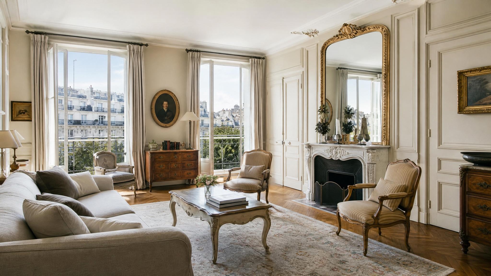Elegant Parisian living room with vintage furniture and soft color palette