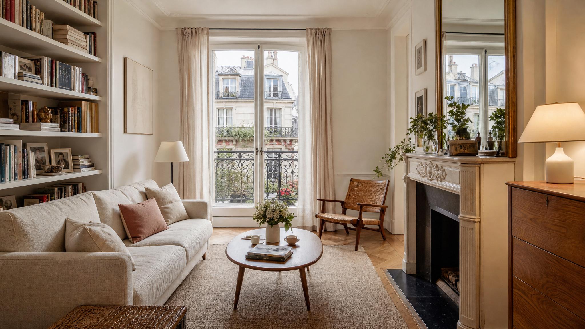 A well-lit small Parisian living room with soft warm lighting