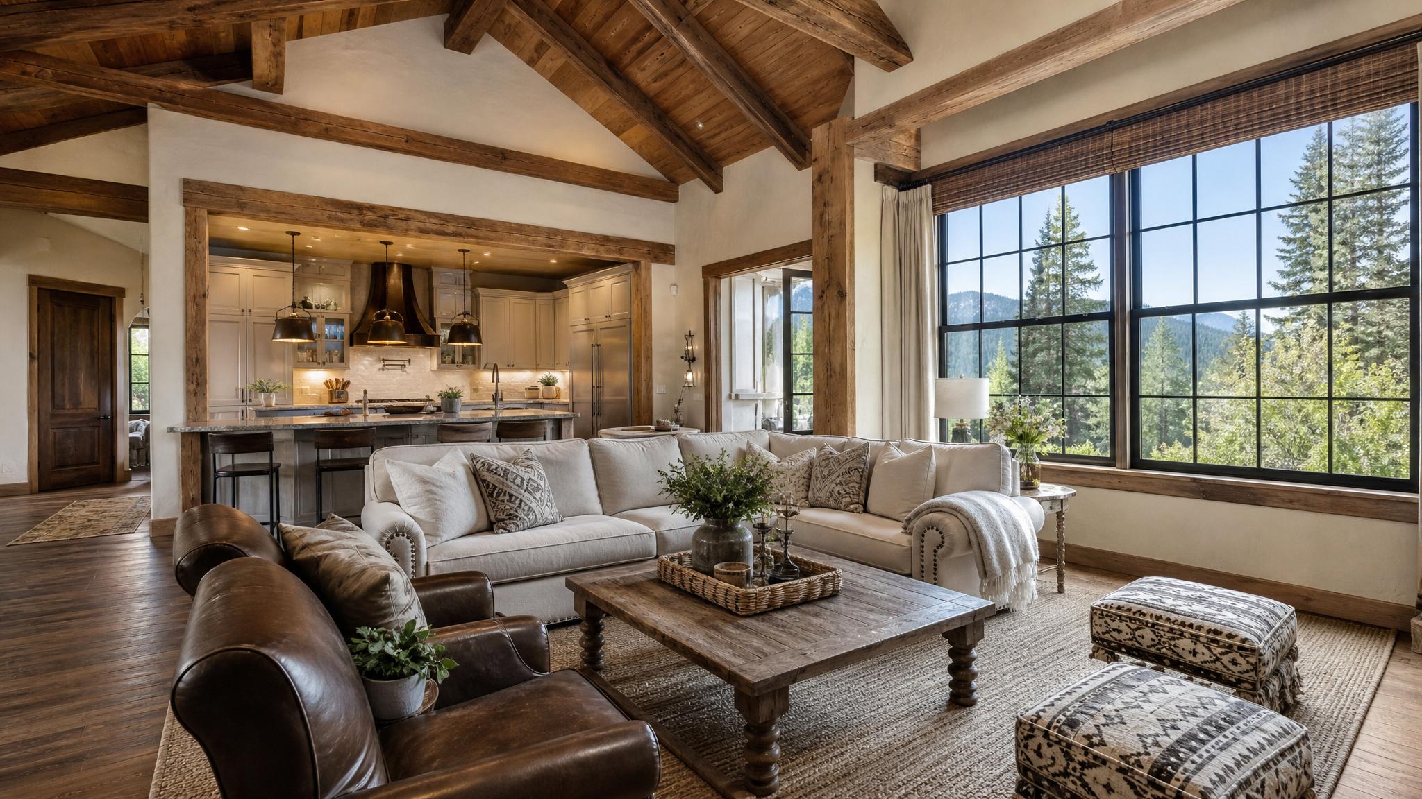 A cozy rustic open-plan living room with wooden beams and a large window.