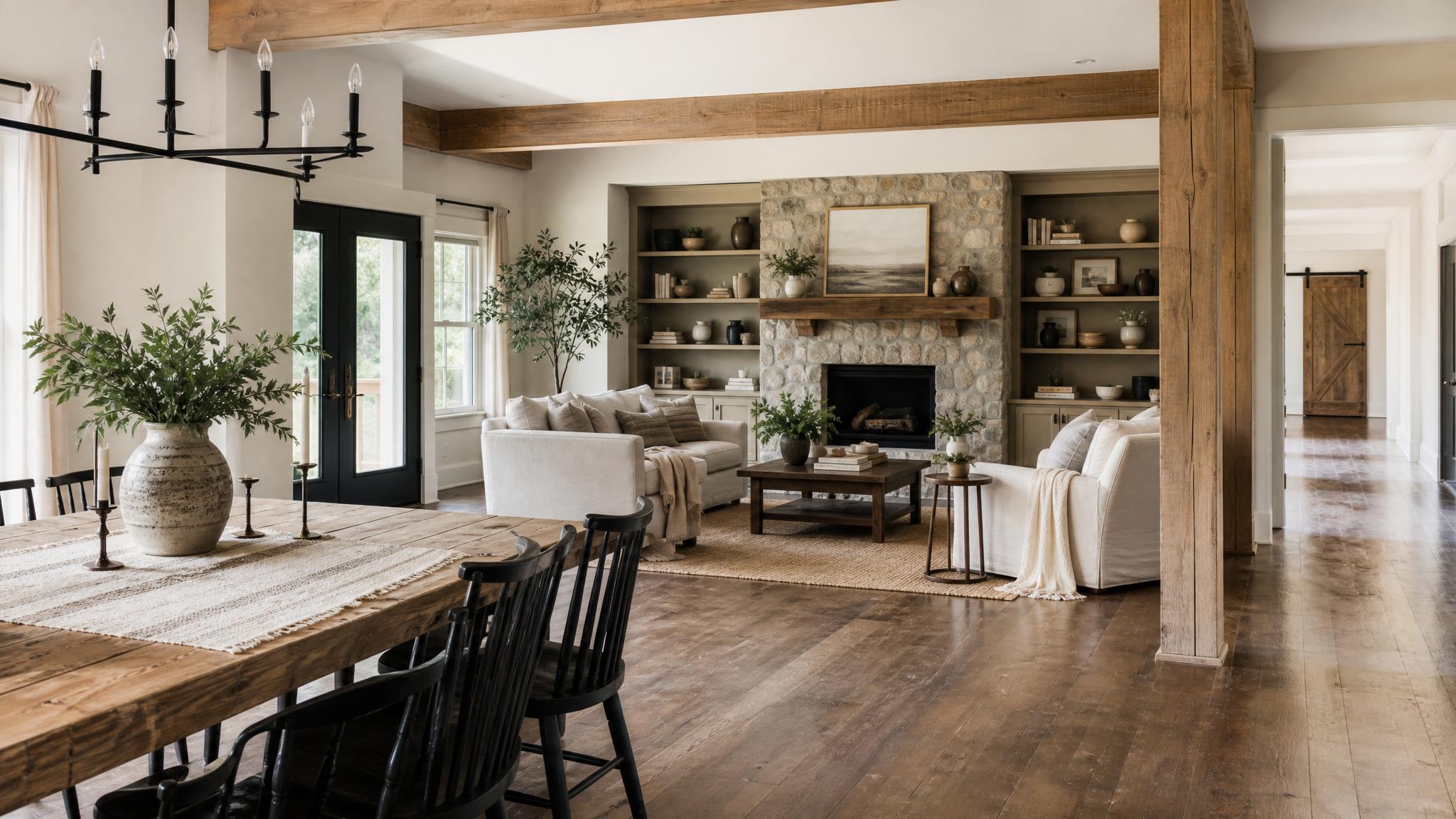 A layout showcasing a farmhouse chic living room with a rustic dining table.