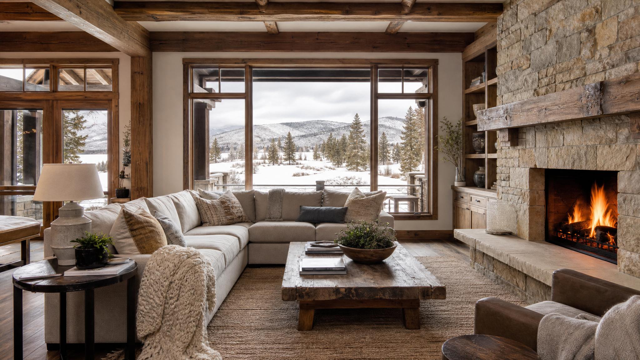 A rustic retreat layout with a sectional sofa and fireplace.