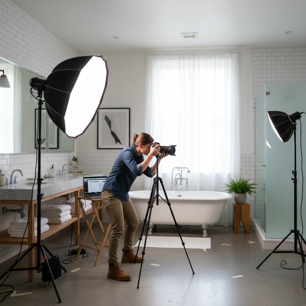 Display a professional photographer at work in a bathroom setting