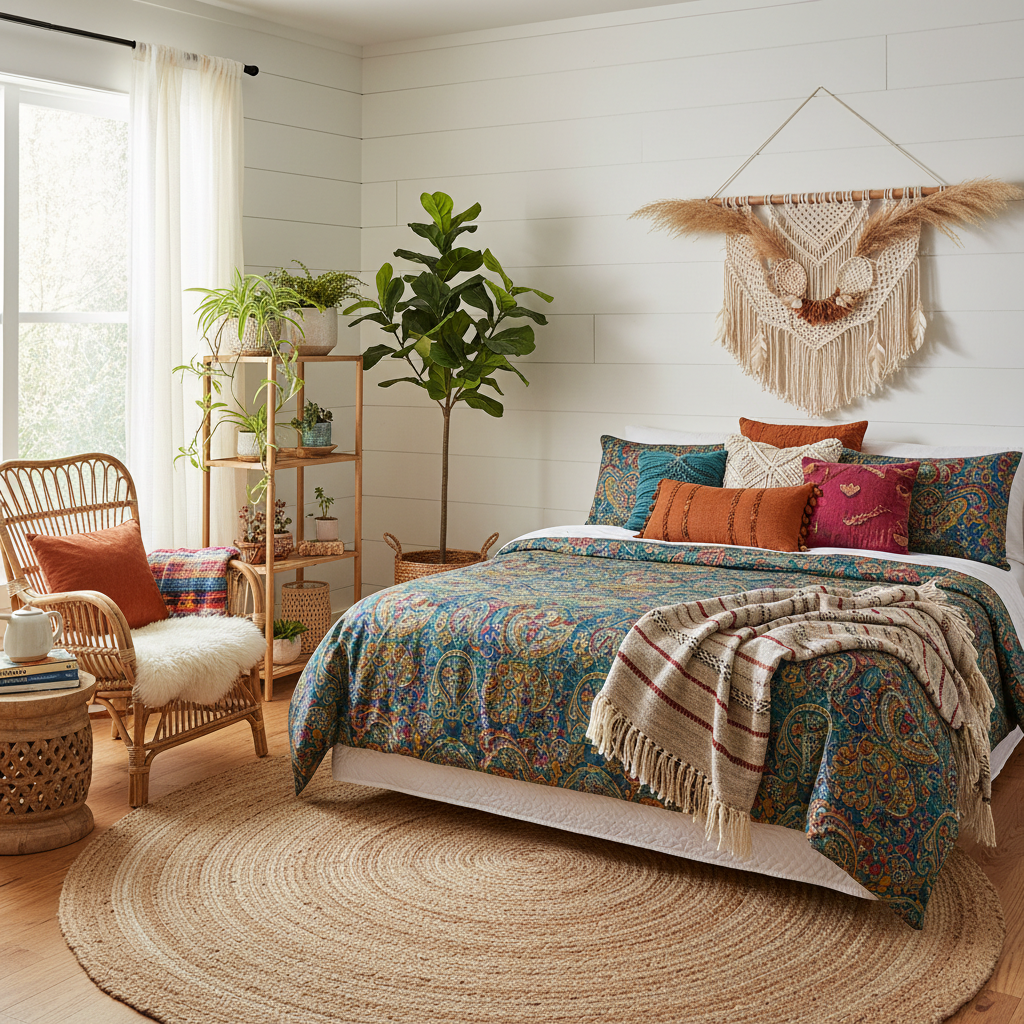 A beautifully staged bohemian guest bedroom with colorful textiles and plants.