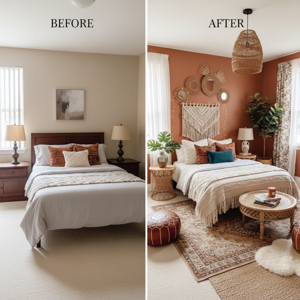 Before and after images of a guest bedroom transformed into a bohemian style.