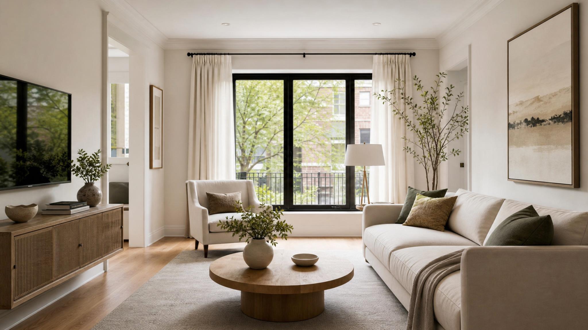 Elegant small living room featuring calm color palette and minimalist furniture