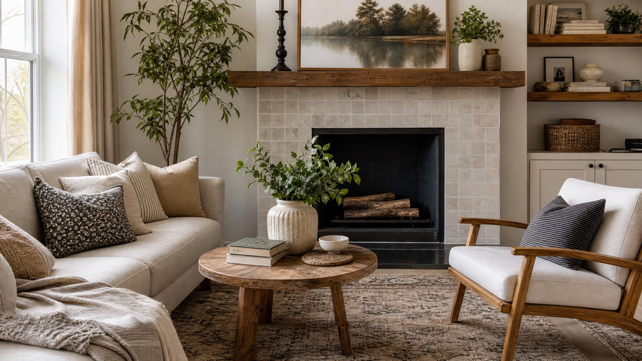 Cozy arrangement showcasing layered textures in a small living room