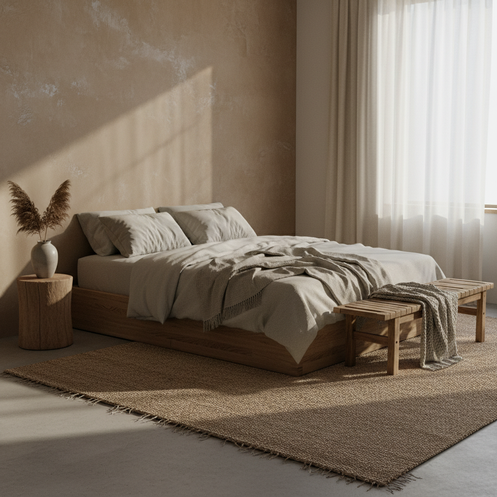A serene guest bedroom showcasing wabi-sabi elements like natural wood and unpolished textures.