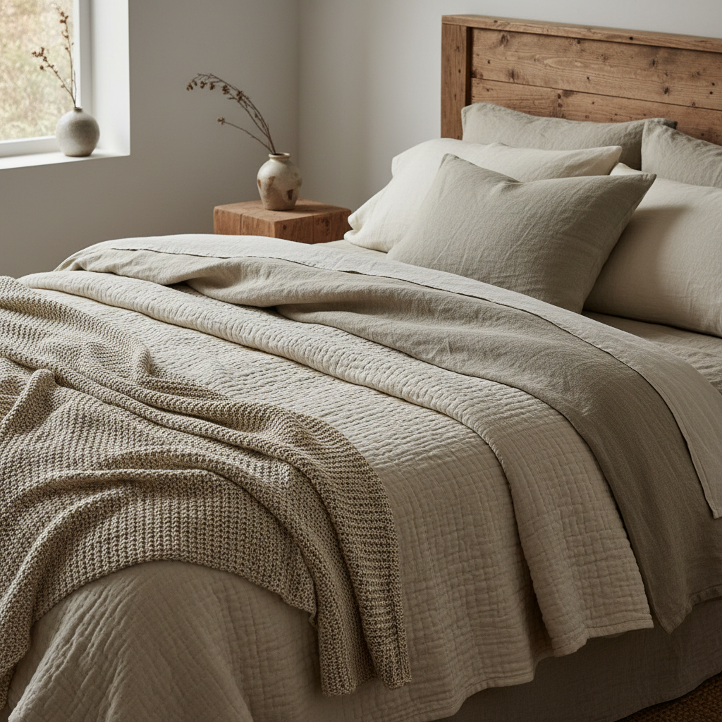 Close-up of natural textiles like linen and cotton in a wabi-sabi styled guest bedroom.