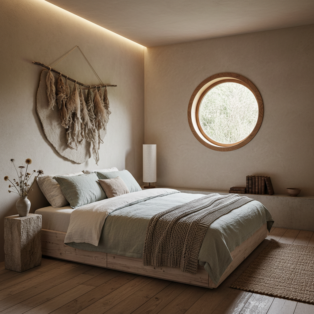 A digital rendering of a wabi-sabi styled guest bedroom designed using AI tools.