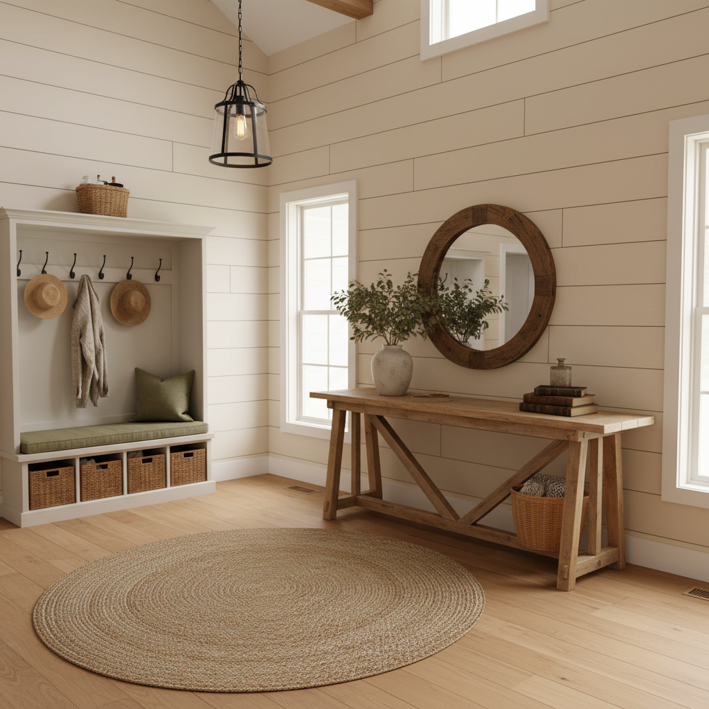 A beautifully designed farmhouse entryway with wooden elements and earthy tones.