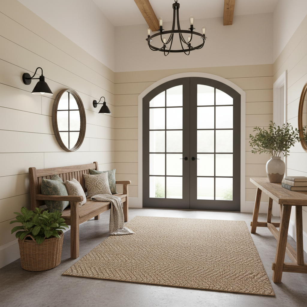 Digital mock-up of a farmhouse entryway created using AI design software.