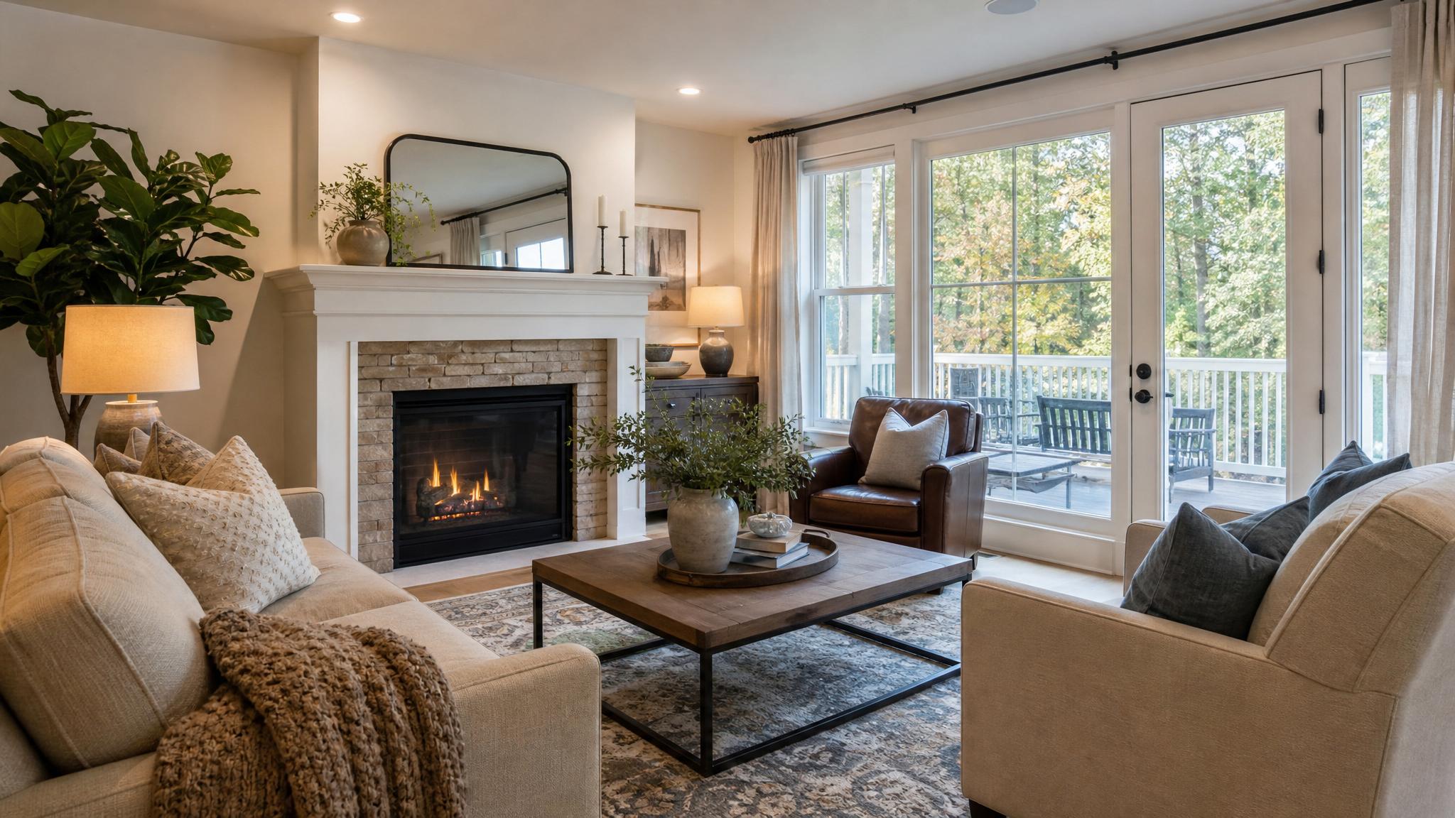 Show a cozy living room with a mix of natural and artificial lighting.
